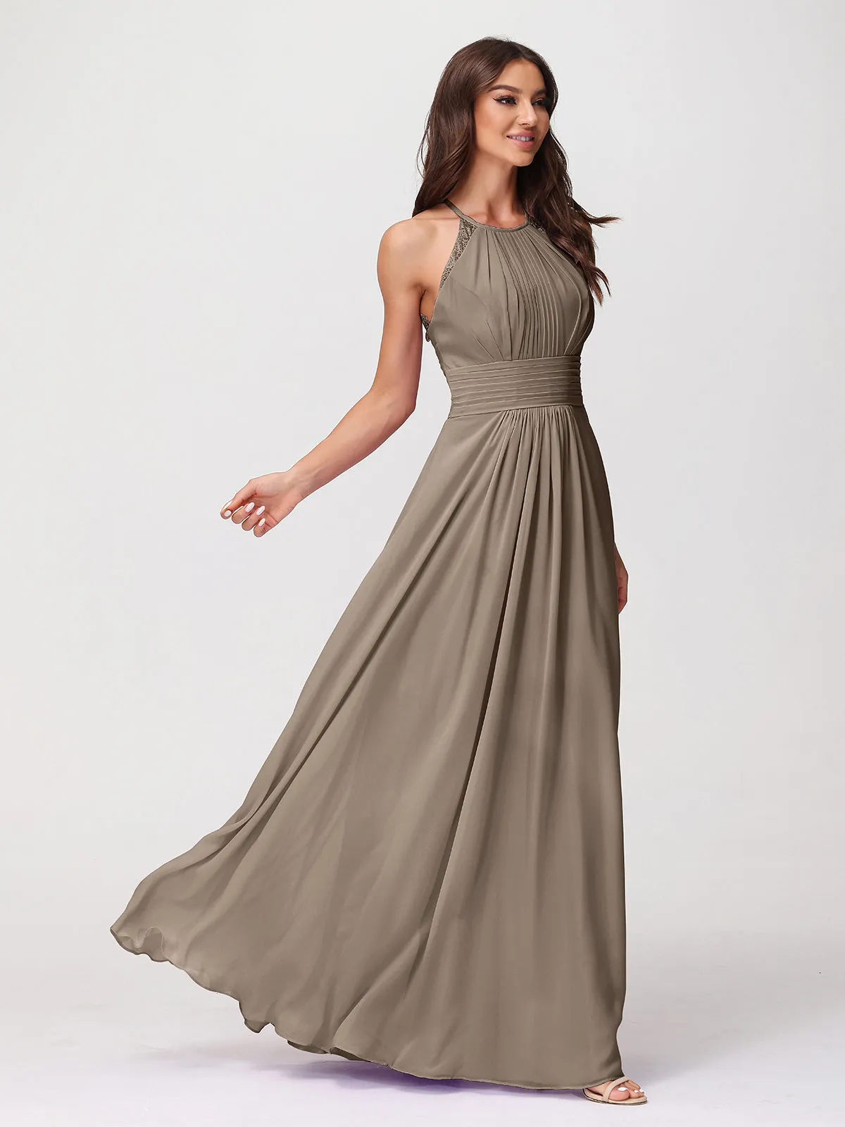 Halter Chiffon Long Gown With Lace Strap Taupe