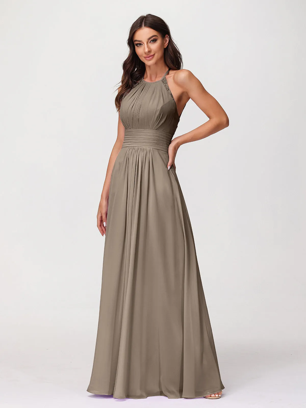 Halter Chiffon Long Gown With Lace Strap Taupe