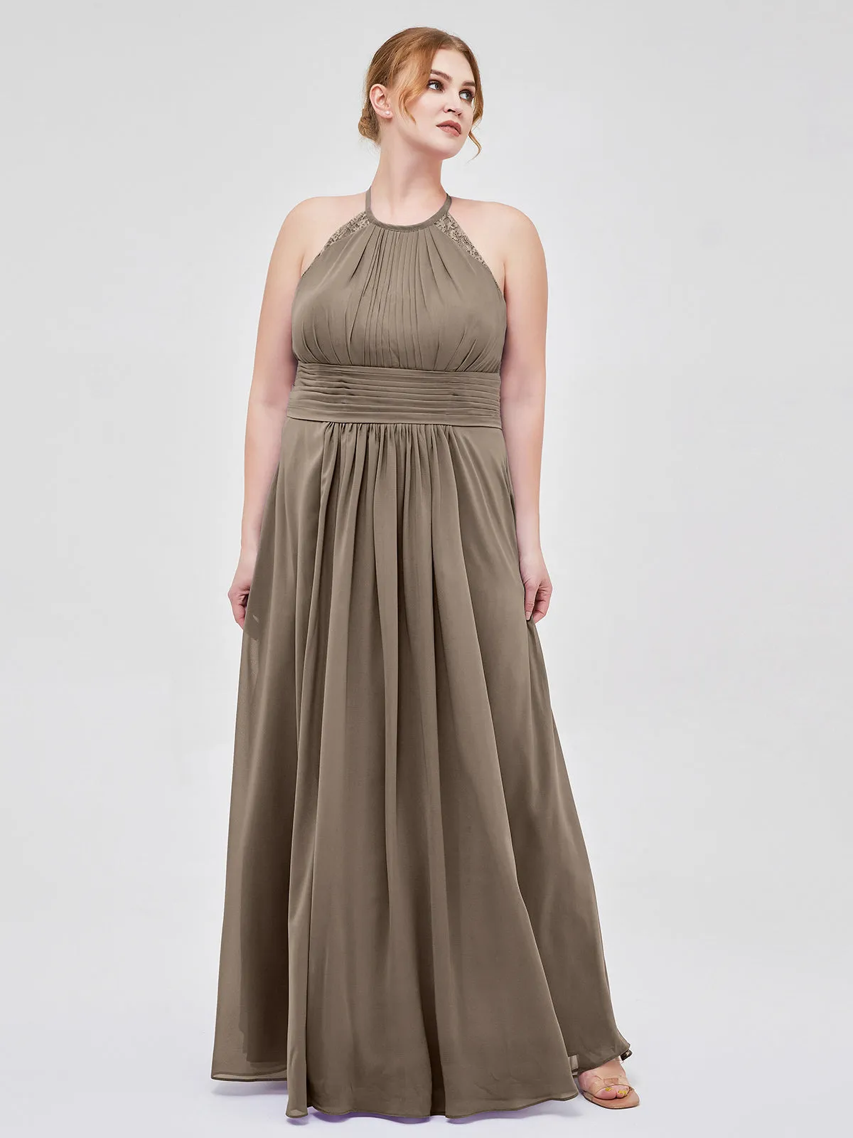 Halter Chiffon Long Gown With Lace Strap Taupe