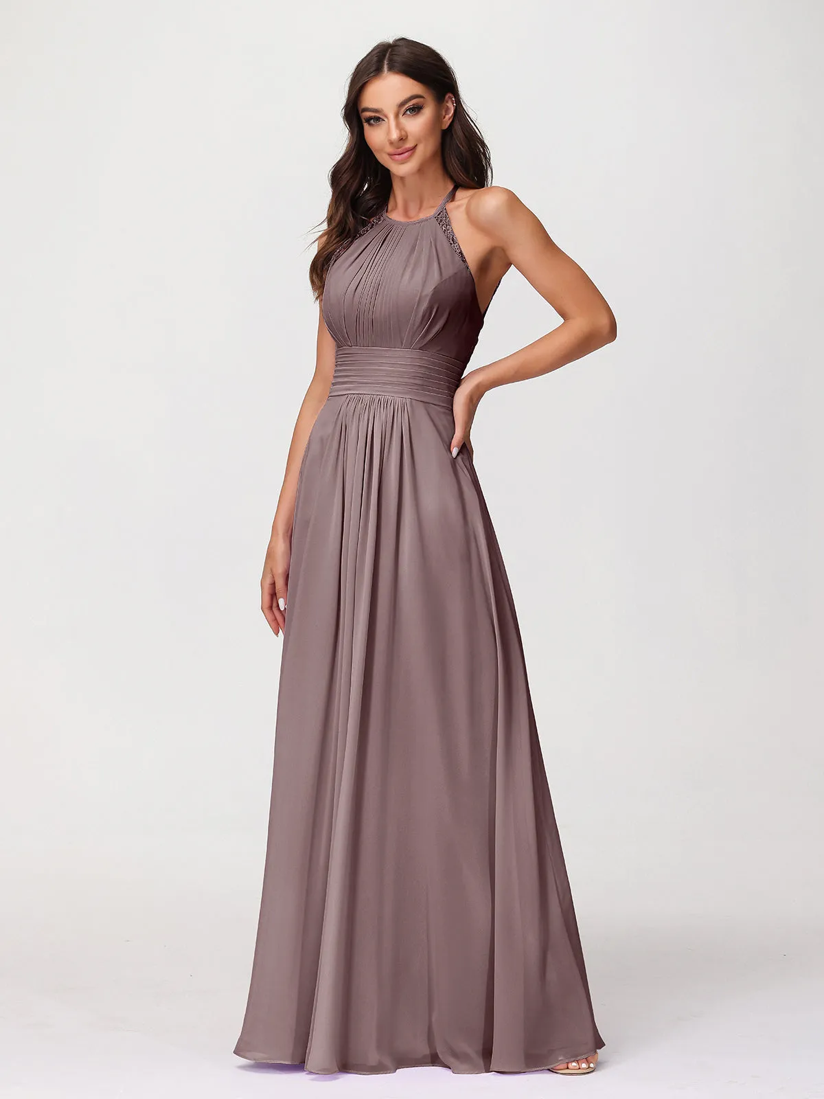 Halter Chiffon Long Gown With Lace Strap Vintage Mauve