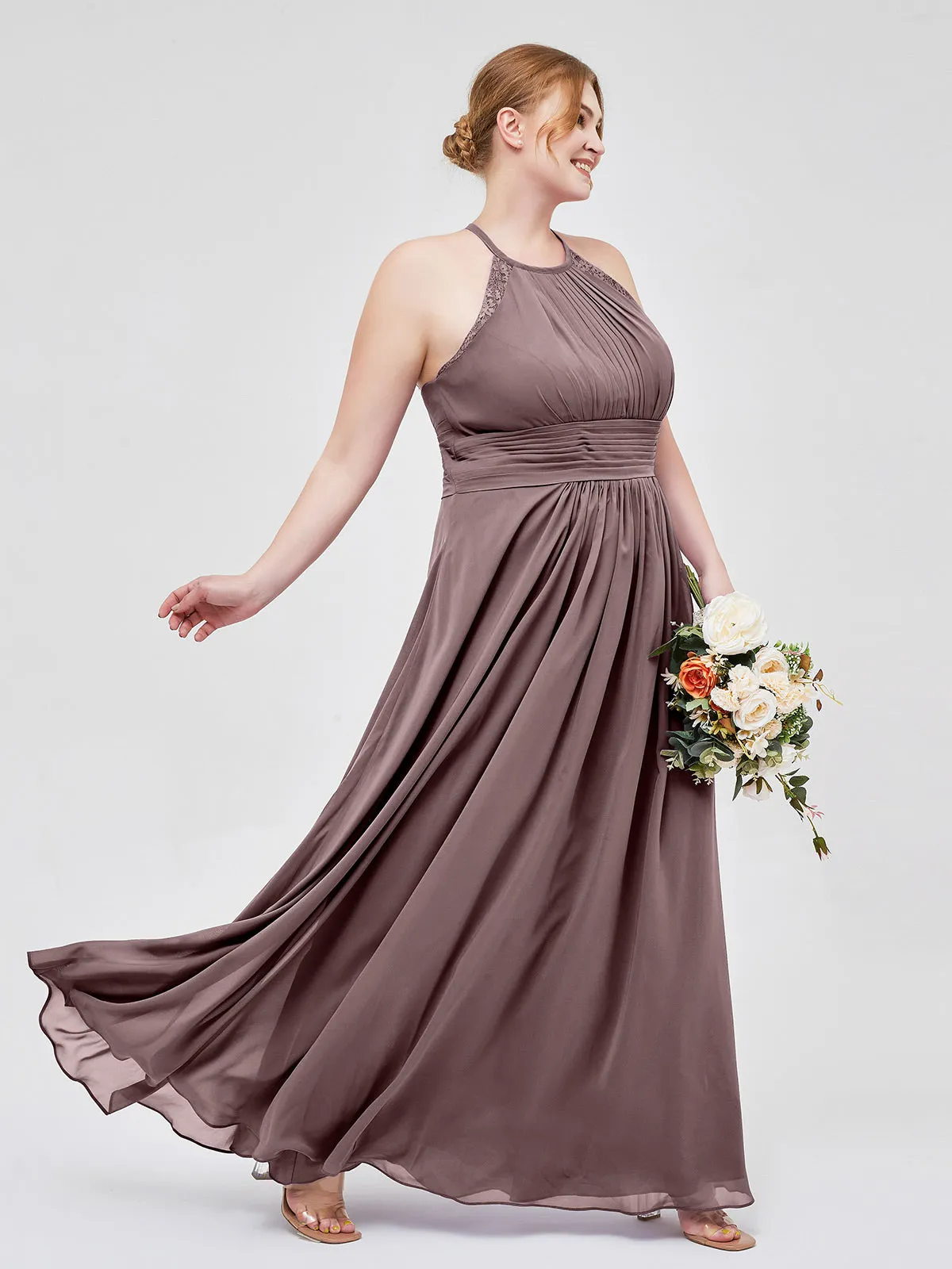 Halter Chiffon Long Gown With Lace Strap Vintage Mauve