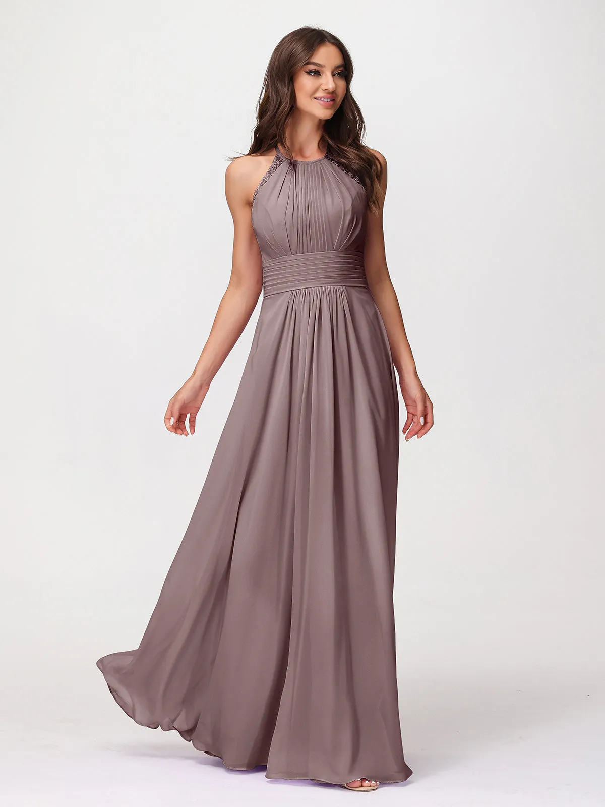 Halter Chiffon Long Gown With Lace Strap Vintage Mauve