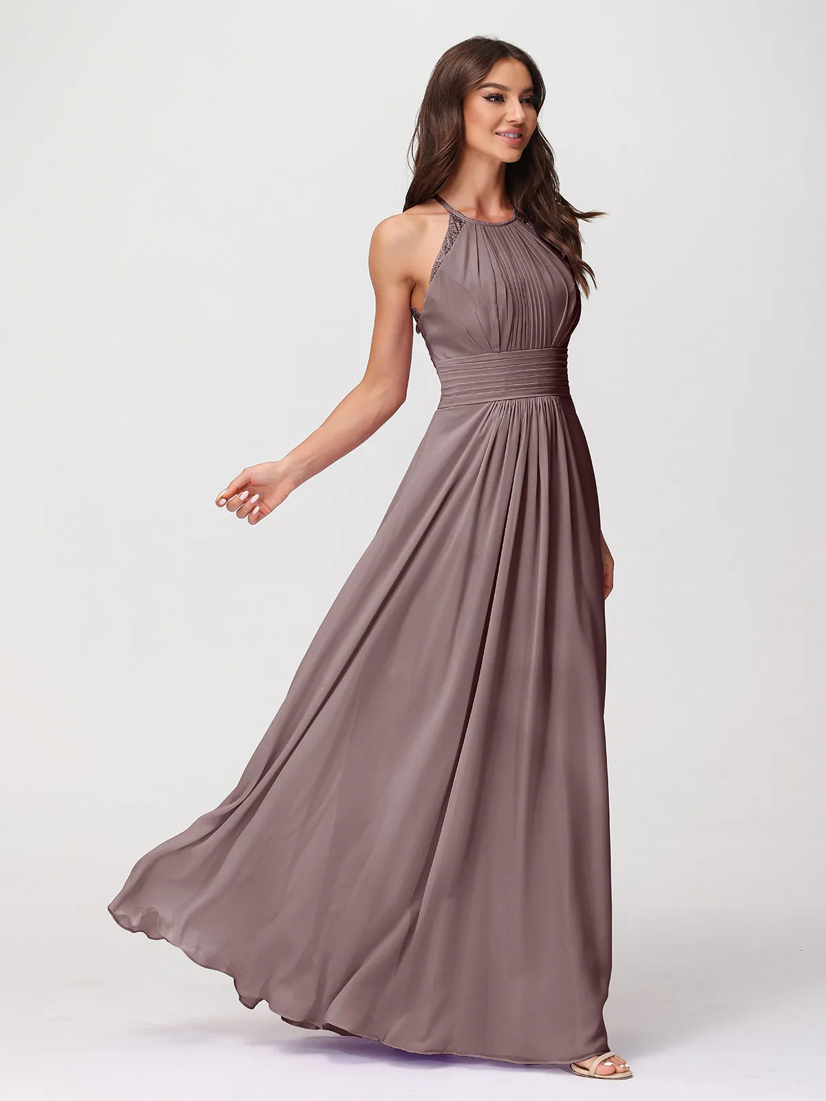 Halter Chiffon Long Gown With Lace Strap Vintage Mauve
