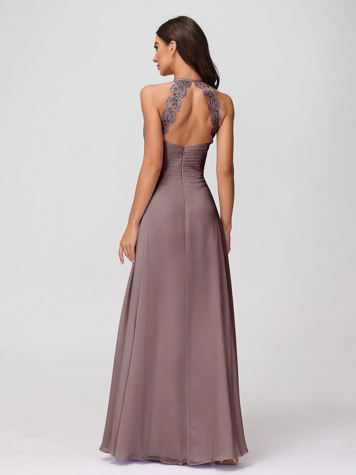 Halter Chiffon Long Gown With Lace Strap Vintage Mauve