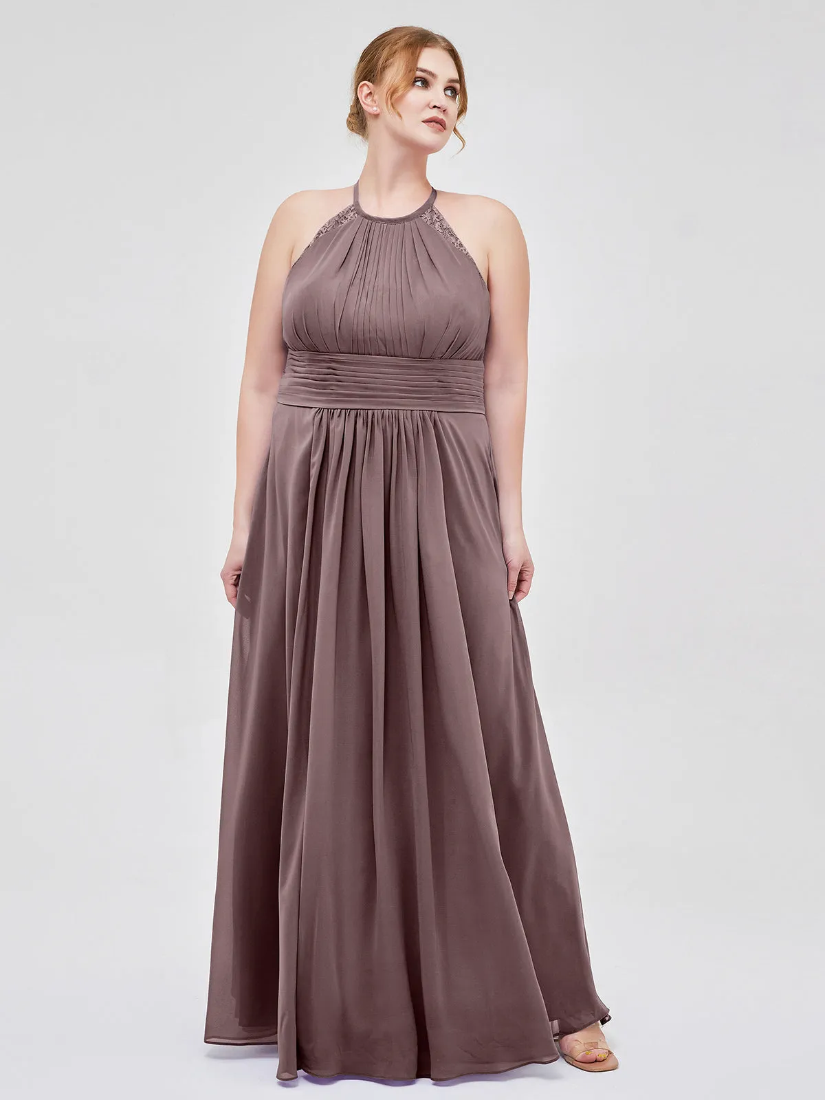 Halter Chiffon Long Gown With Lace Strap Vintage Mauve