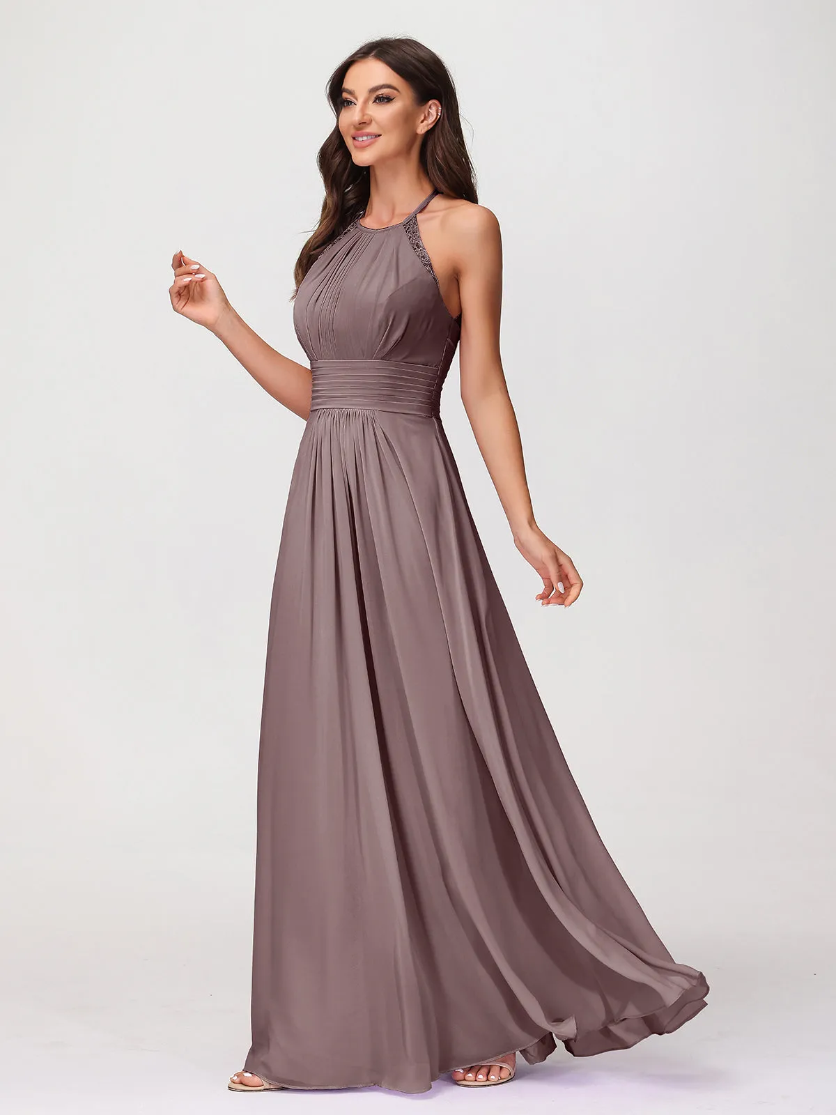 Halter Chiffon Long Gown With Lace Strap Vintage Mauve