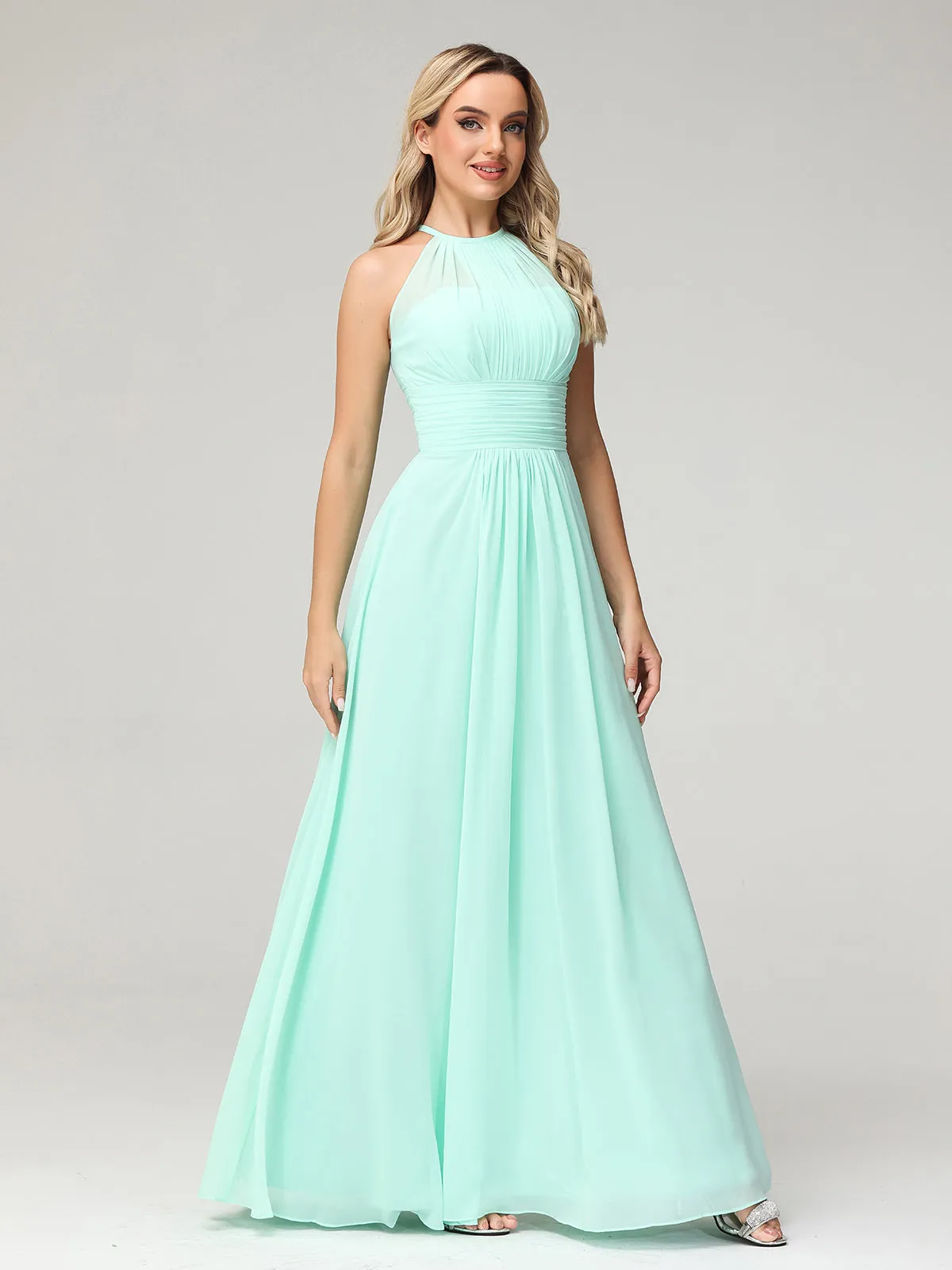 Halter Chiffon Maxi Dress of Bridesmaid Mint Green