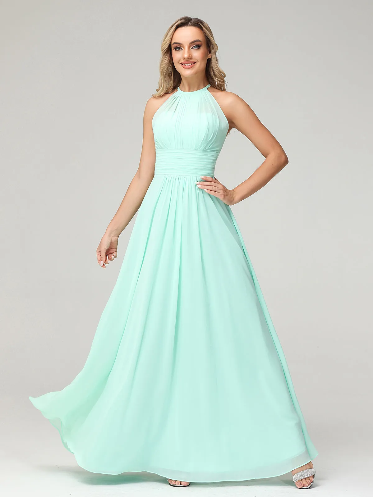 Halter Chiffon Maxi Dress of Bridesmaid Mint Green