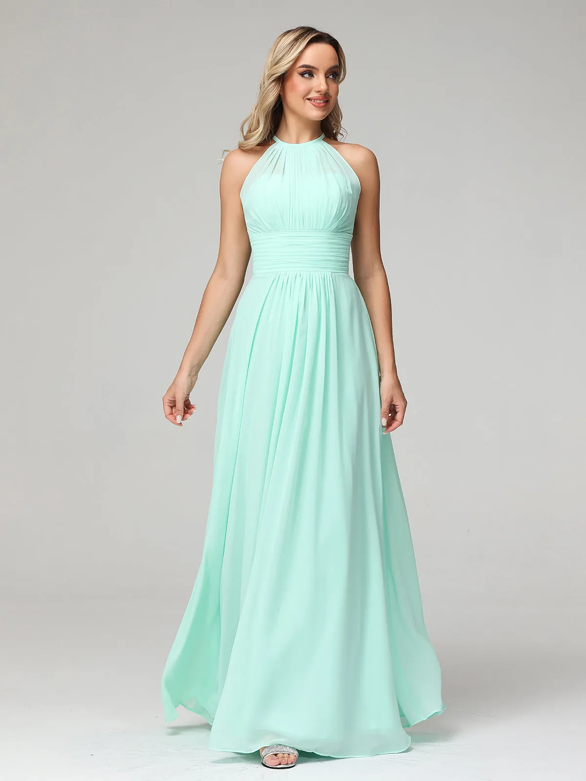 Halter Chiffon Maxi Dress of Bridesmaid Mint Green