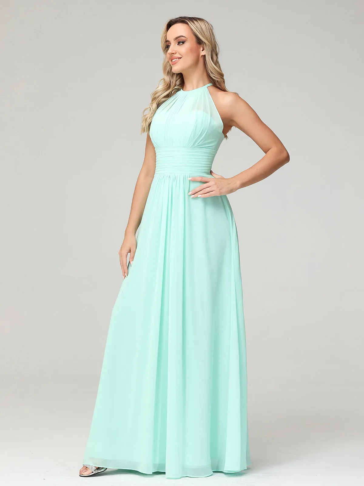 Halter Chiffon Maxi Dress of Bridesmaid Mint Green