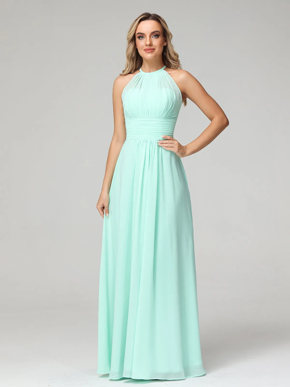 Halter Chiffon Maxi Dress of Bridesmaid Mint Green