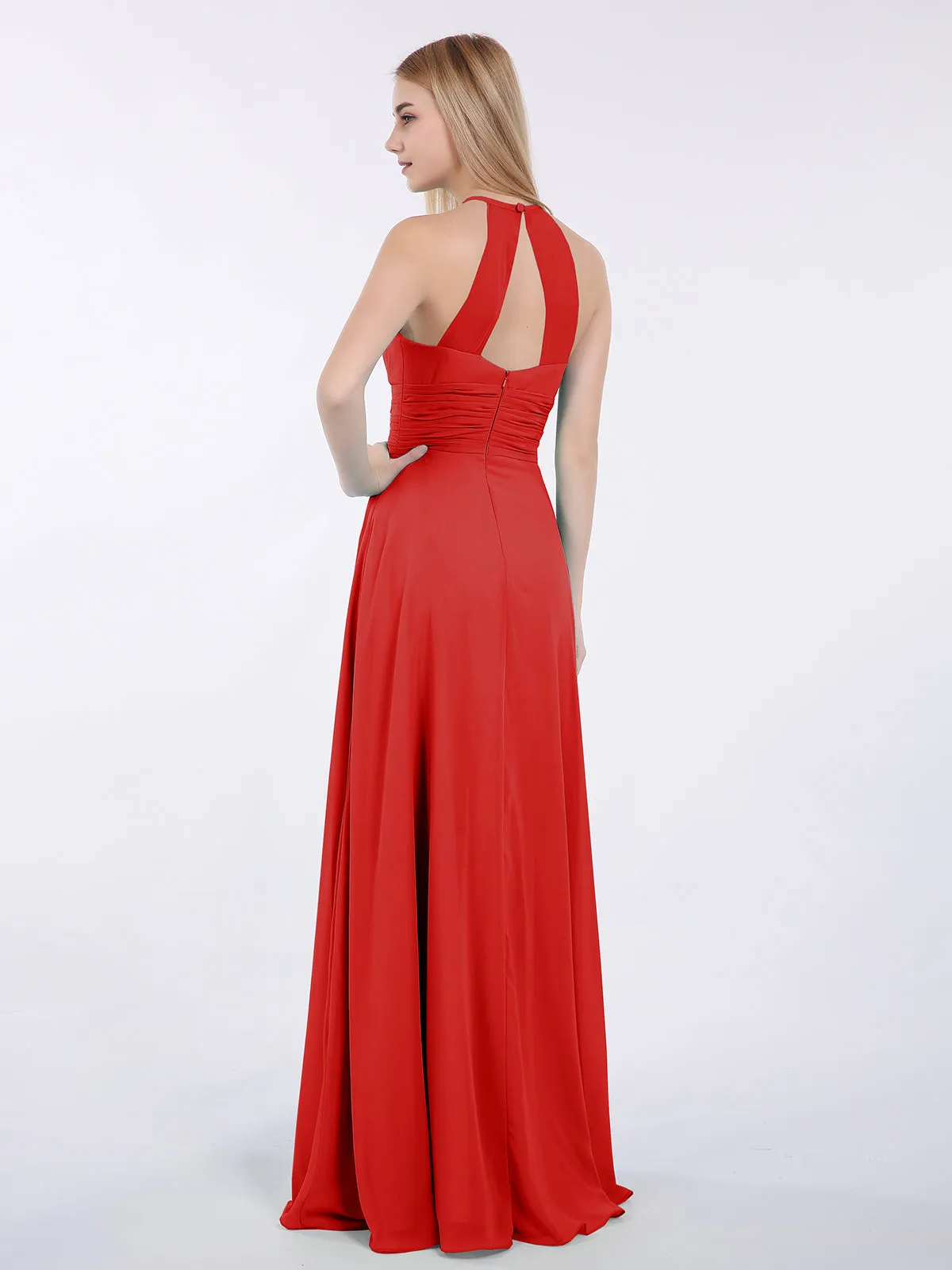 Halter Chiffon Maxi Dress of Bridesmaid Red