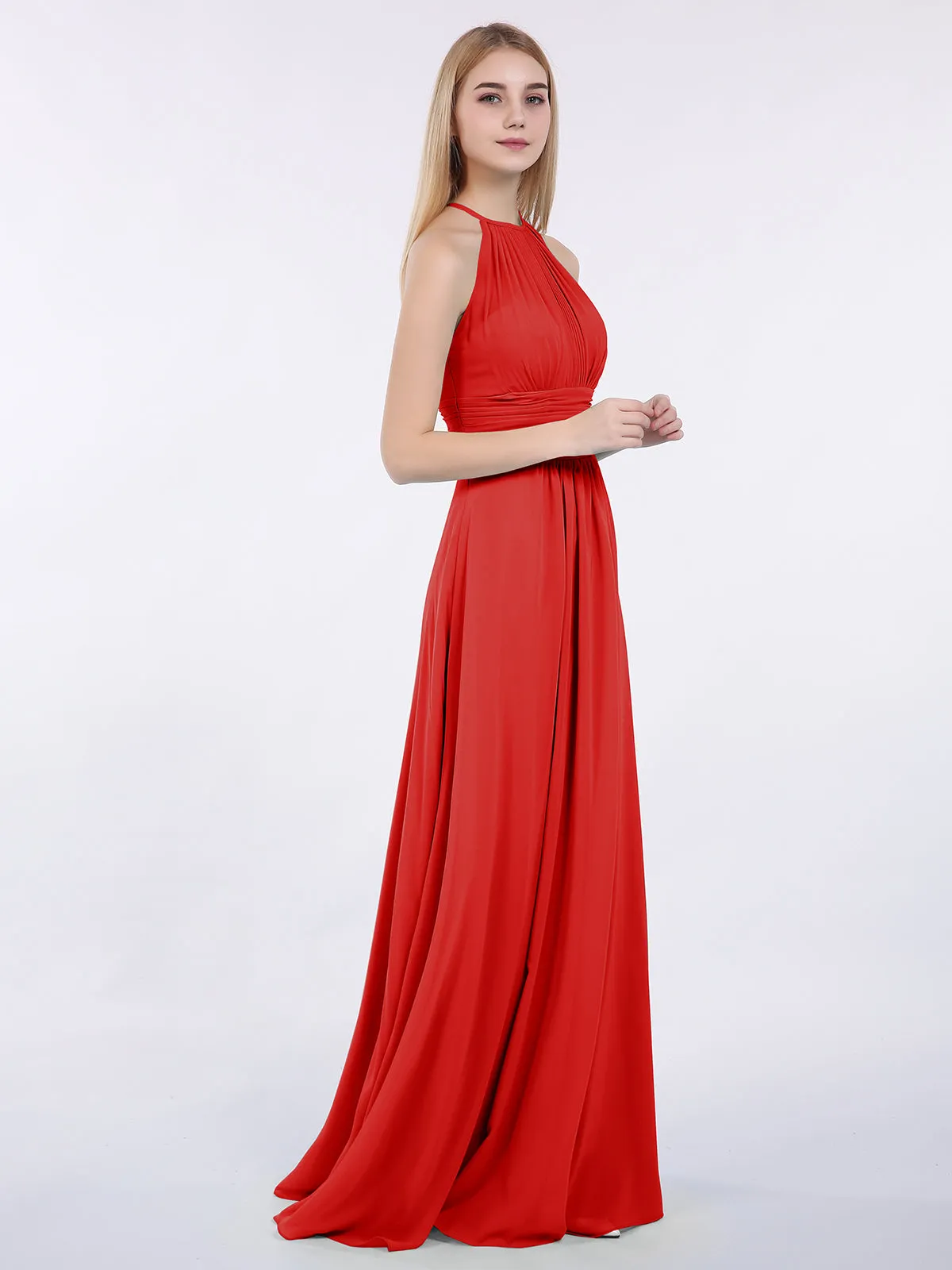 Halter Chiffon Maxi Dress of Bridesmaid Red