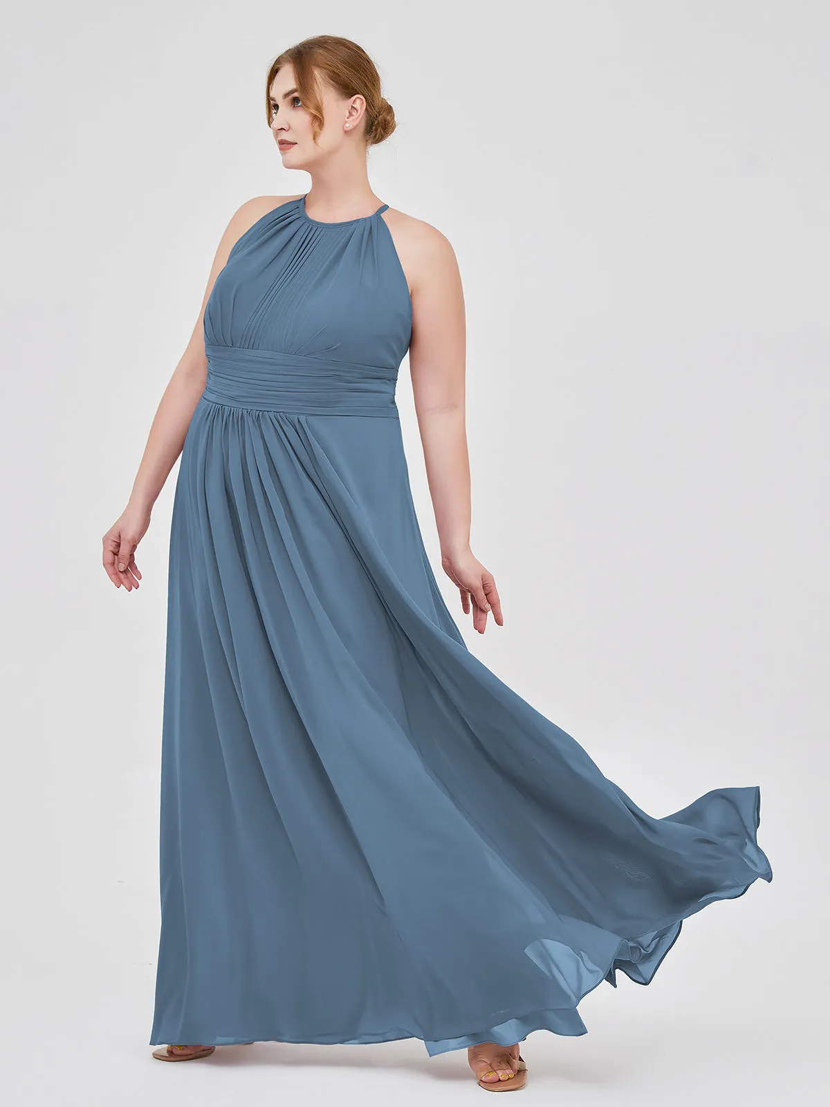Halter Chiffon Maxi Dress of Bridesmaid Slate Blue