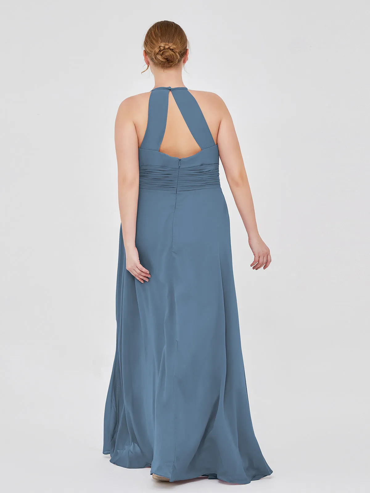 Halter Chiffon Maxi Dress of Bridesmaid Slate Blue
