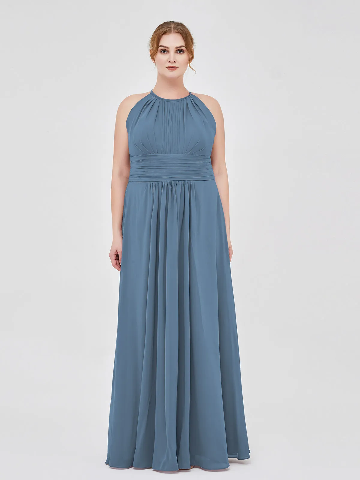Halter Chiffon Maxi Dress of Bridesmaid Slate Blue