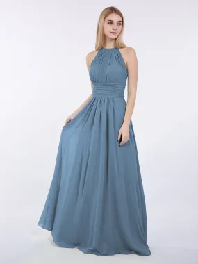 Halter Chiffon Maxi Dress of Bridesmaid Slate Blue
