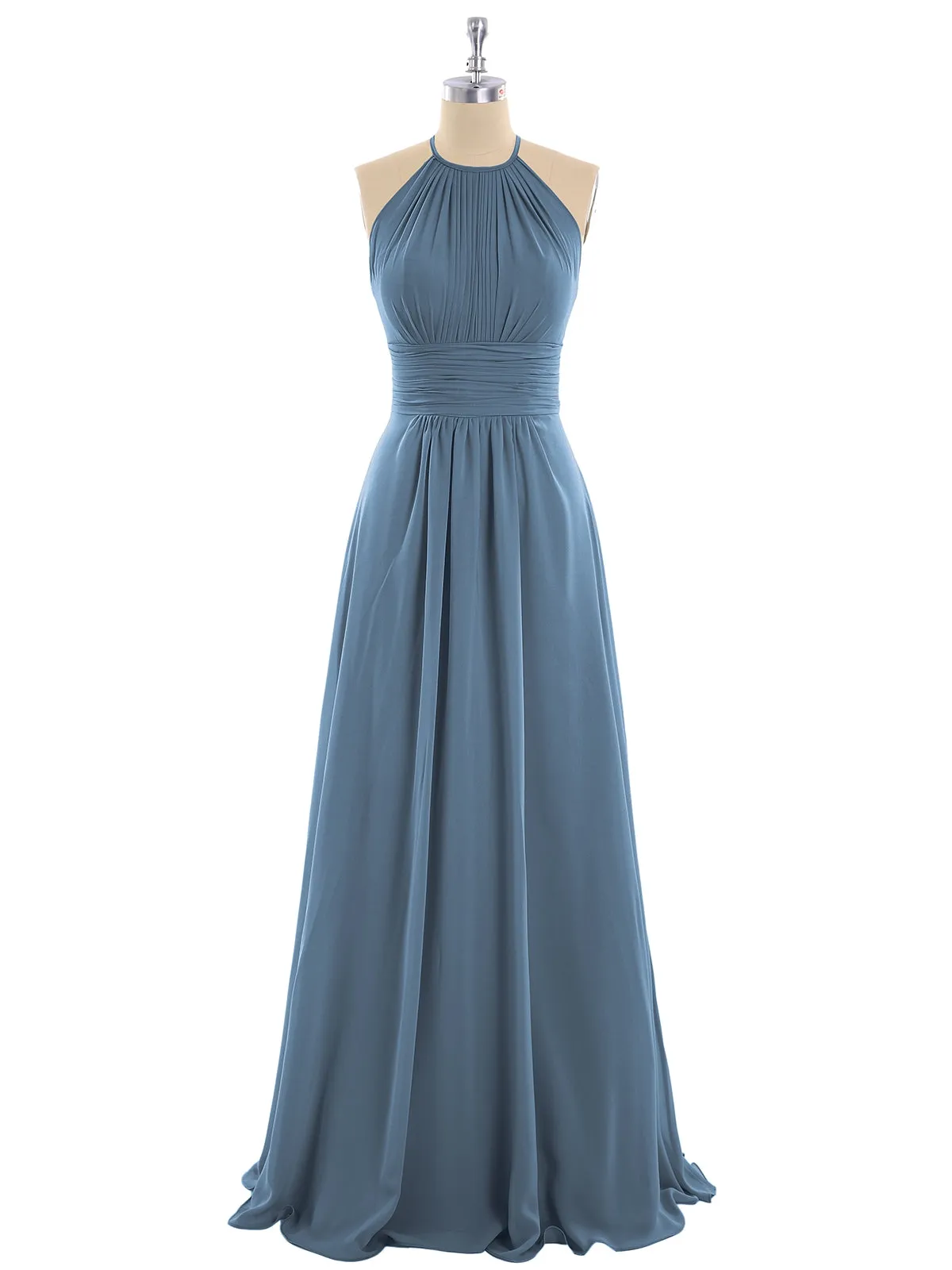 Halter Chiffon Maxi Dress of Bridesmaid Slate Blue