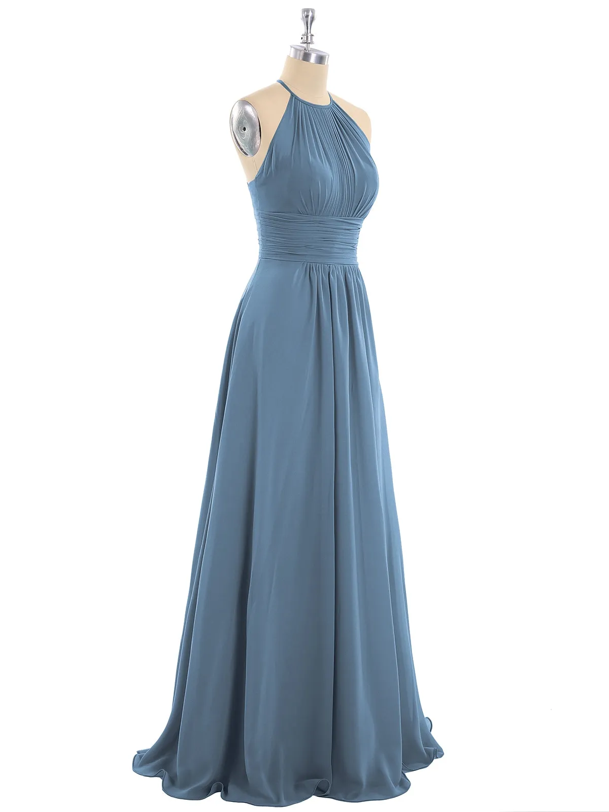 Halter Chiffon Maxi Dress of Bridesmaid Slate Blue