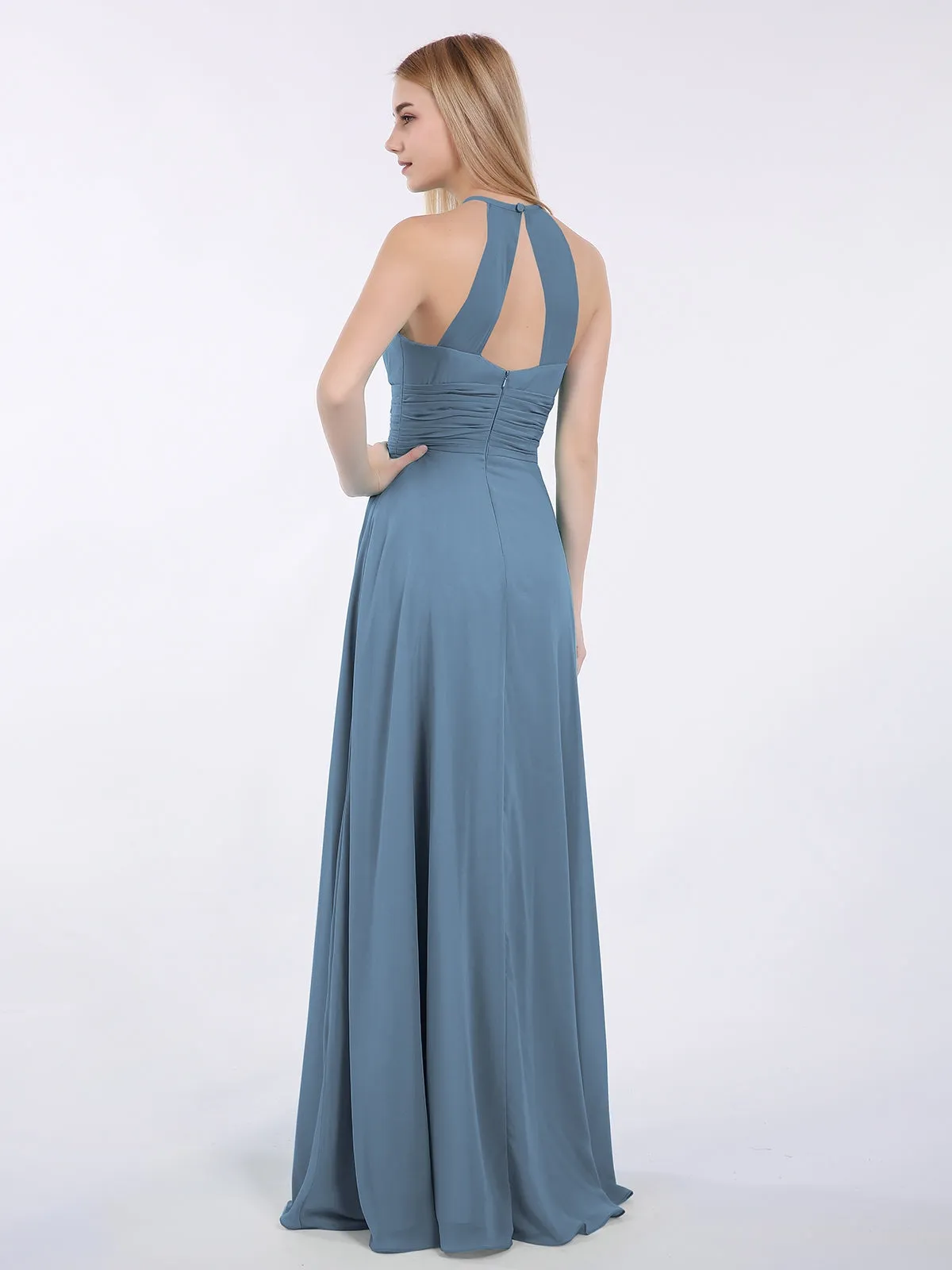Halter Chiffon Maxi Dress of Bridesmaid Slate Blue