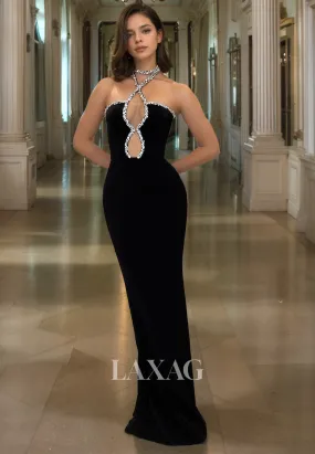 Halter-Neck Cutout Beaded Pleated Satin Party Gowns Off-Shoulder Sleeveless Mermaid Prom Dress