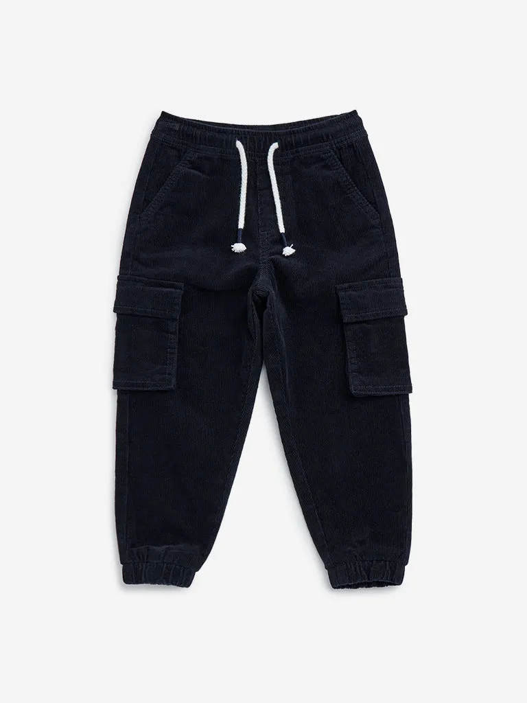 HOP Kids Navy Cargo-Style Corduroy Mid-Rise Cotton-Blend Joggers