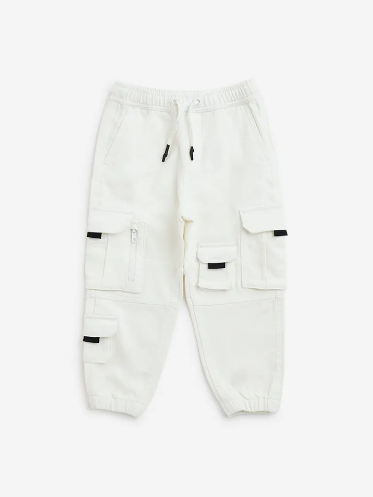 HOP Kids White Cargo-Style Mid-Rise Cotton-Blend Joggers