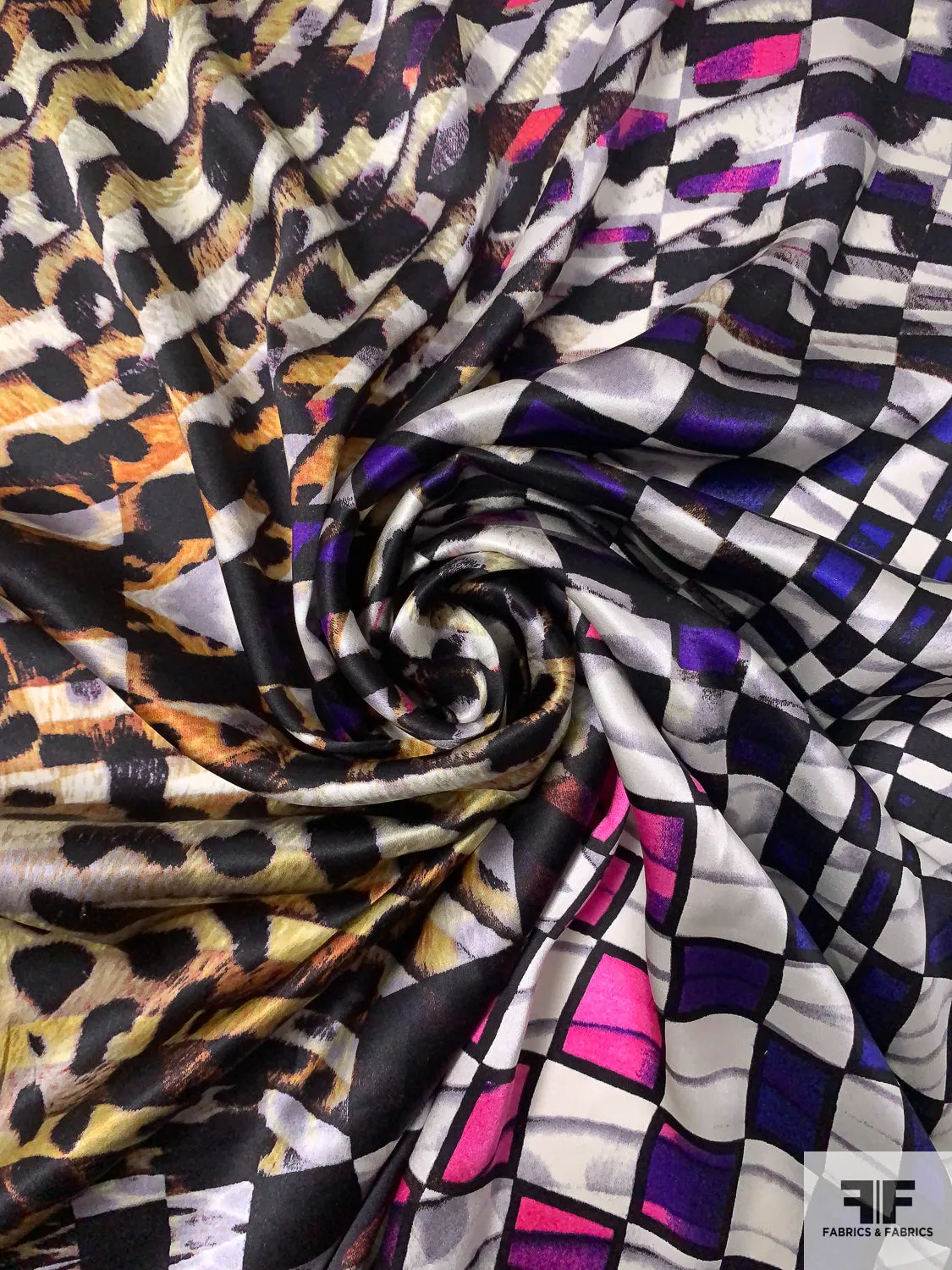 Hypnotic Checkerboard and Animal Pattern Silk Charmeuse - Black / White / Multicolor