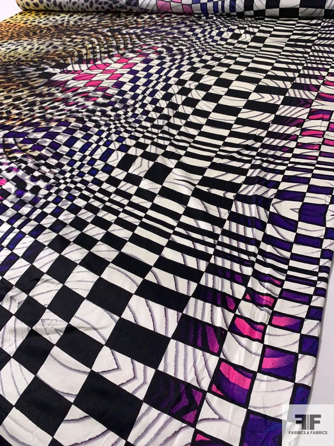 Hypnotic Checkerboard and Animal Pattern Silk Charmeuse - Black / White / Multicolor
