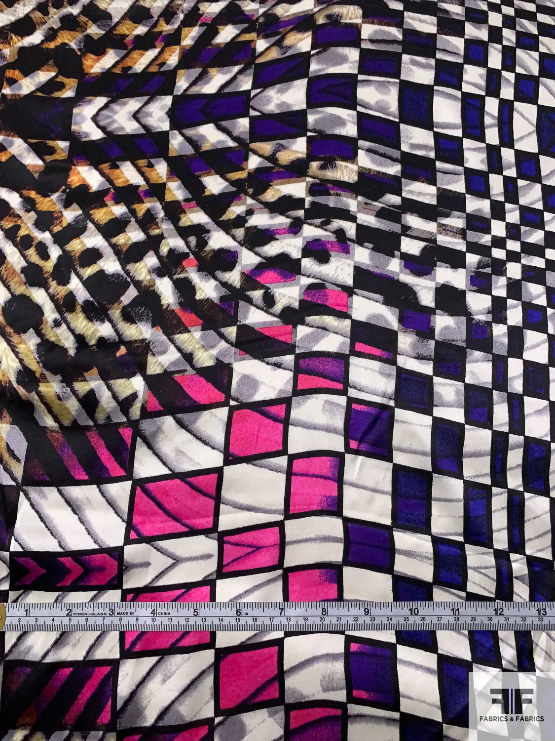 Hypnotic Checkerboard and Animal Pattern Silk Charmeuse - Black / White / Multicolor
