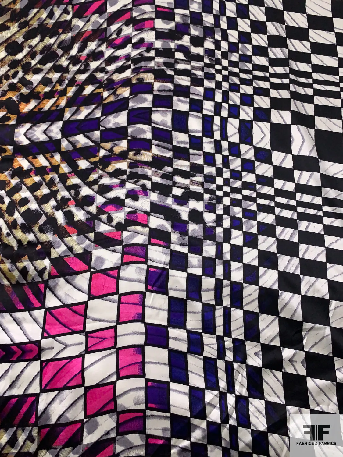 Hypnotic Checkerboard and Animal Pattern Silk Charmeuse - Black / White / Multicolor