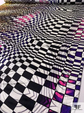Hypnotic Checkerboard and Animal Pattern Silk Charmeuse - Black / White / Multicolor