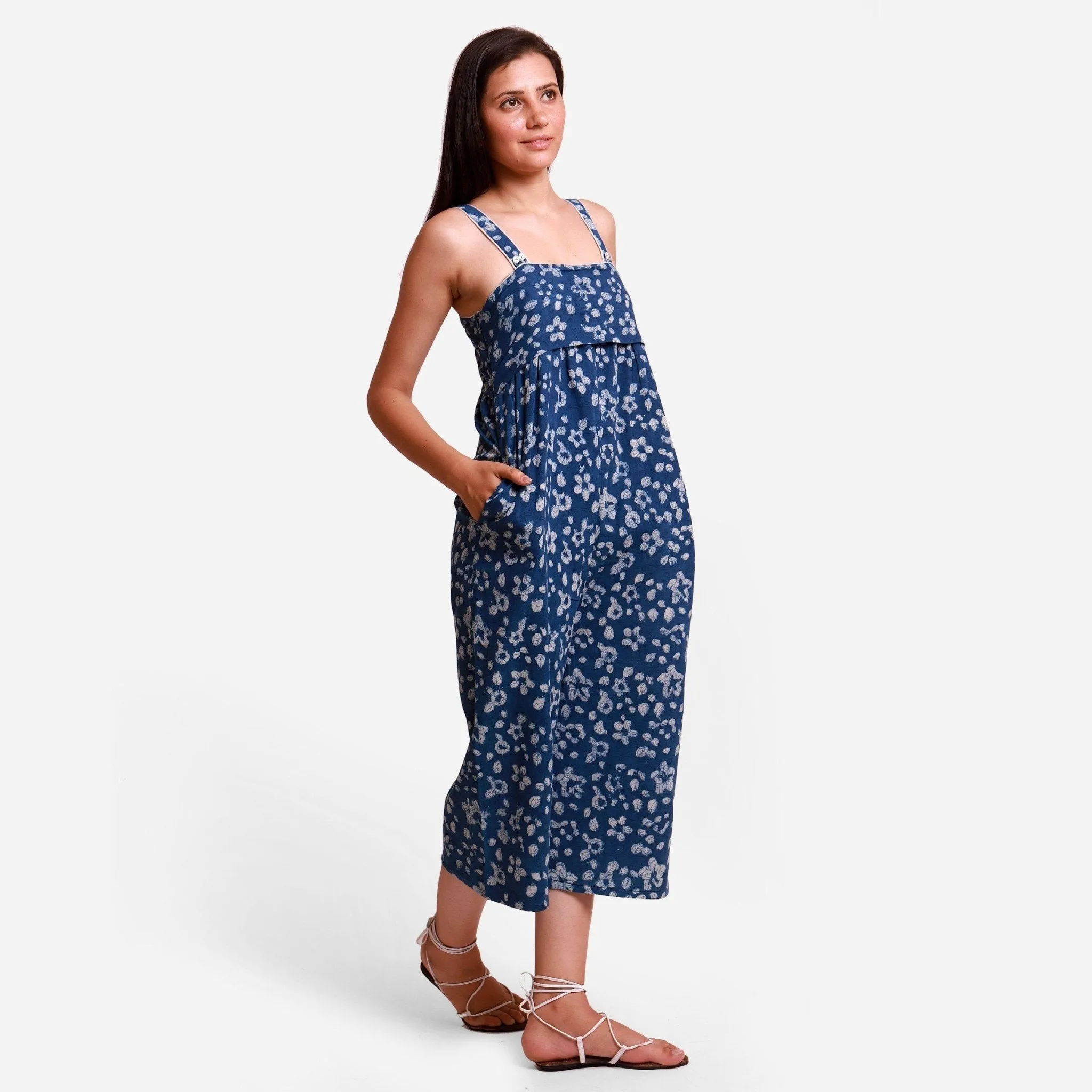 Indigo Dabu Floral Block Print Cotton Yoked Jumpsuit