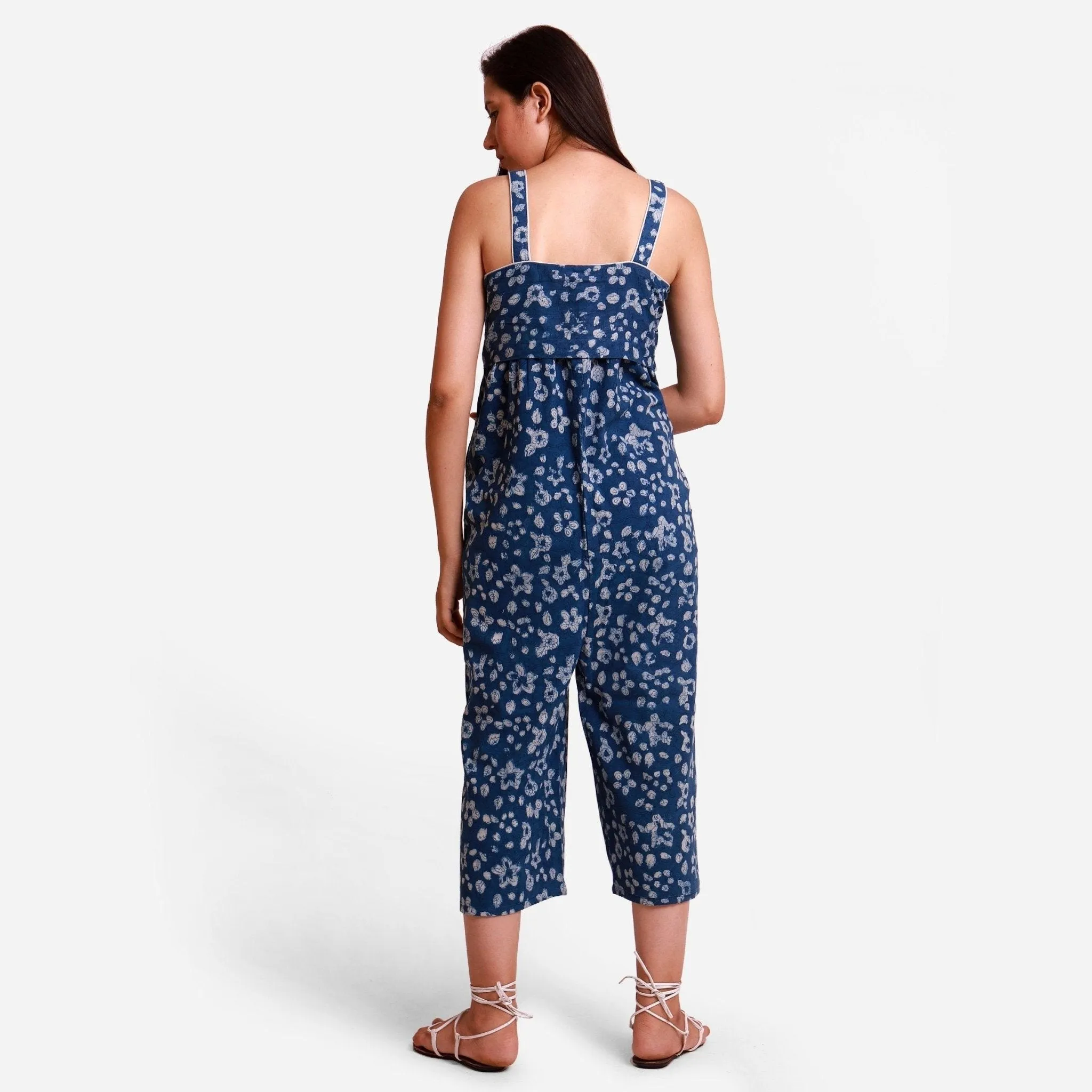Indigo Dabu Floral Block Print Cotton Yoked Jumpsuit