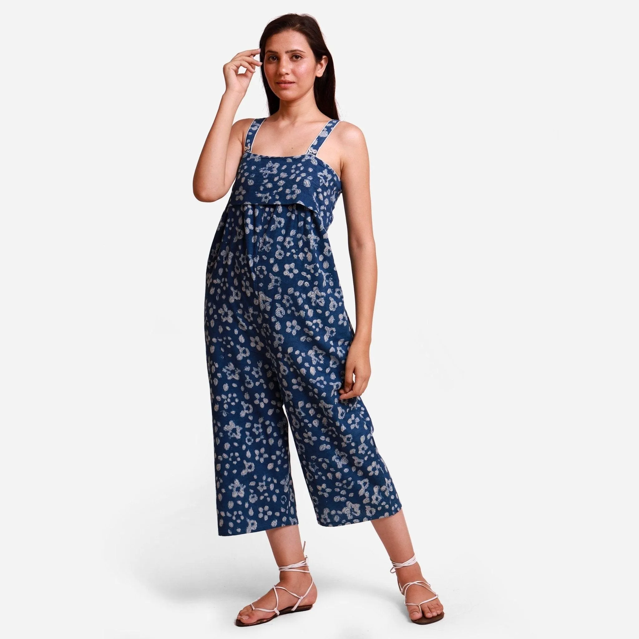 Indigo Dabu Floral Block Print Cotton Yoked Jumpsuit