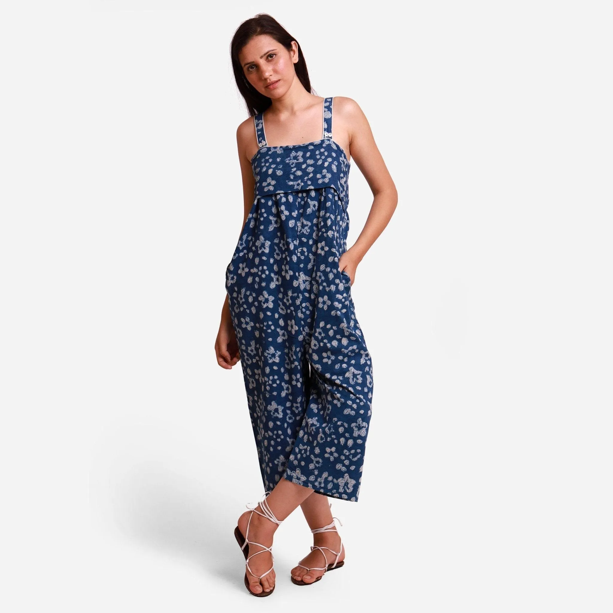 Indigo Dabu Floral Block Print Cotton Yoked Jumpsuit
