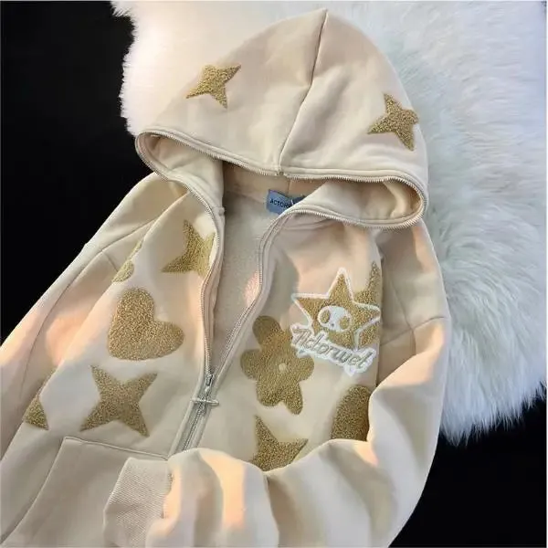 Lady Glams Embroidered Star Print Zip-Up Hoodie: Elevate Your Streetwear