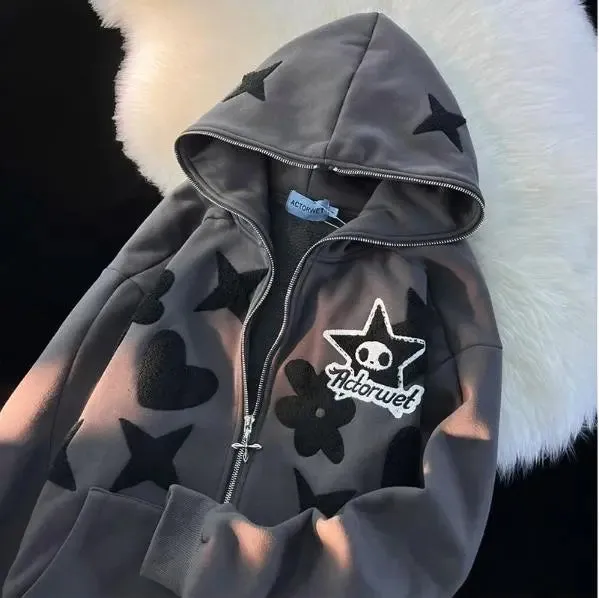 Lady Glams Embroidered Star Print Zip-Up Hoodie: Elevate Your Streetwear
