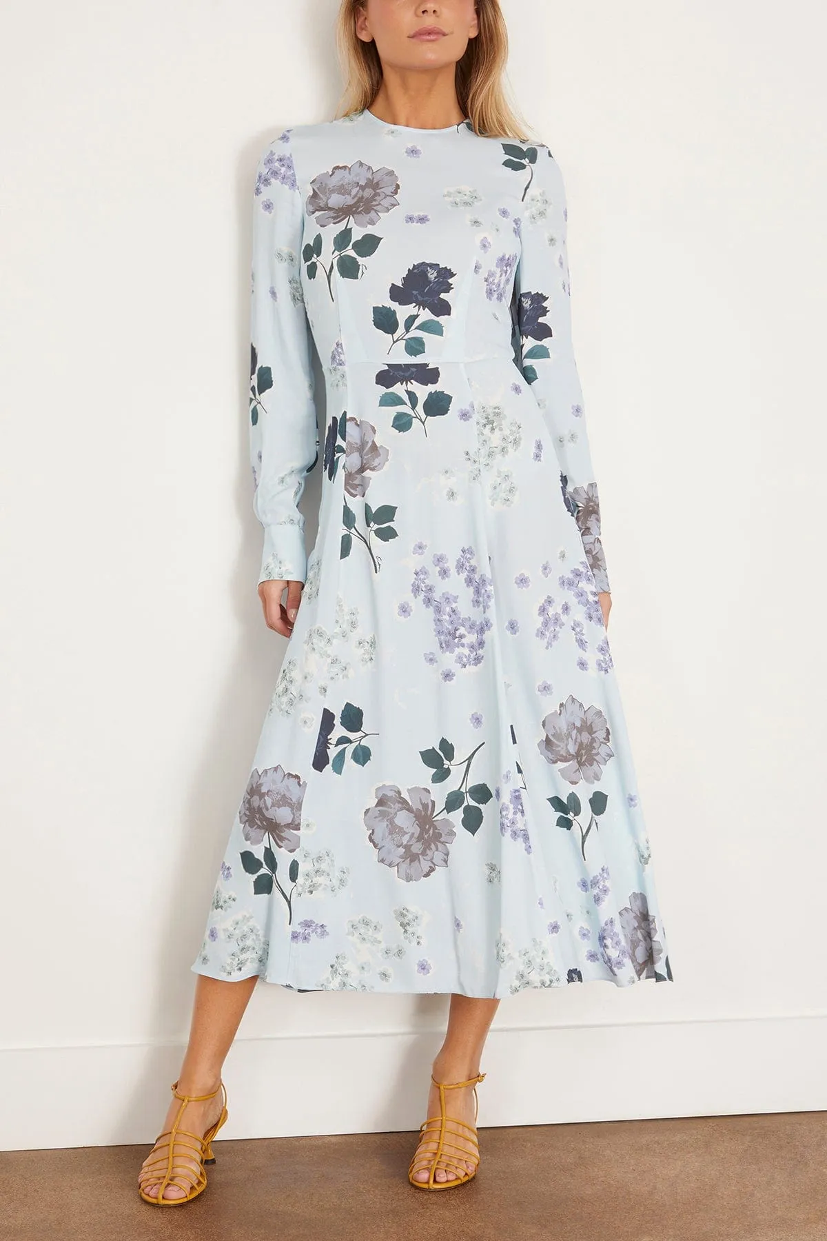 Long Sleeve A-Line Midi Dress in Small Margot Floral Sky Blue