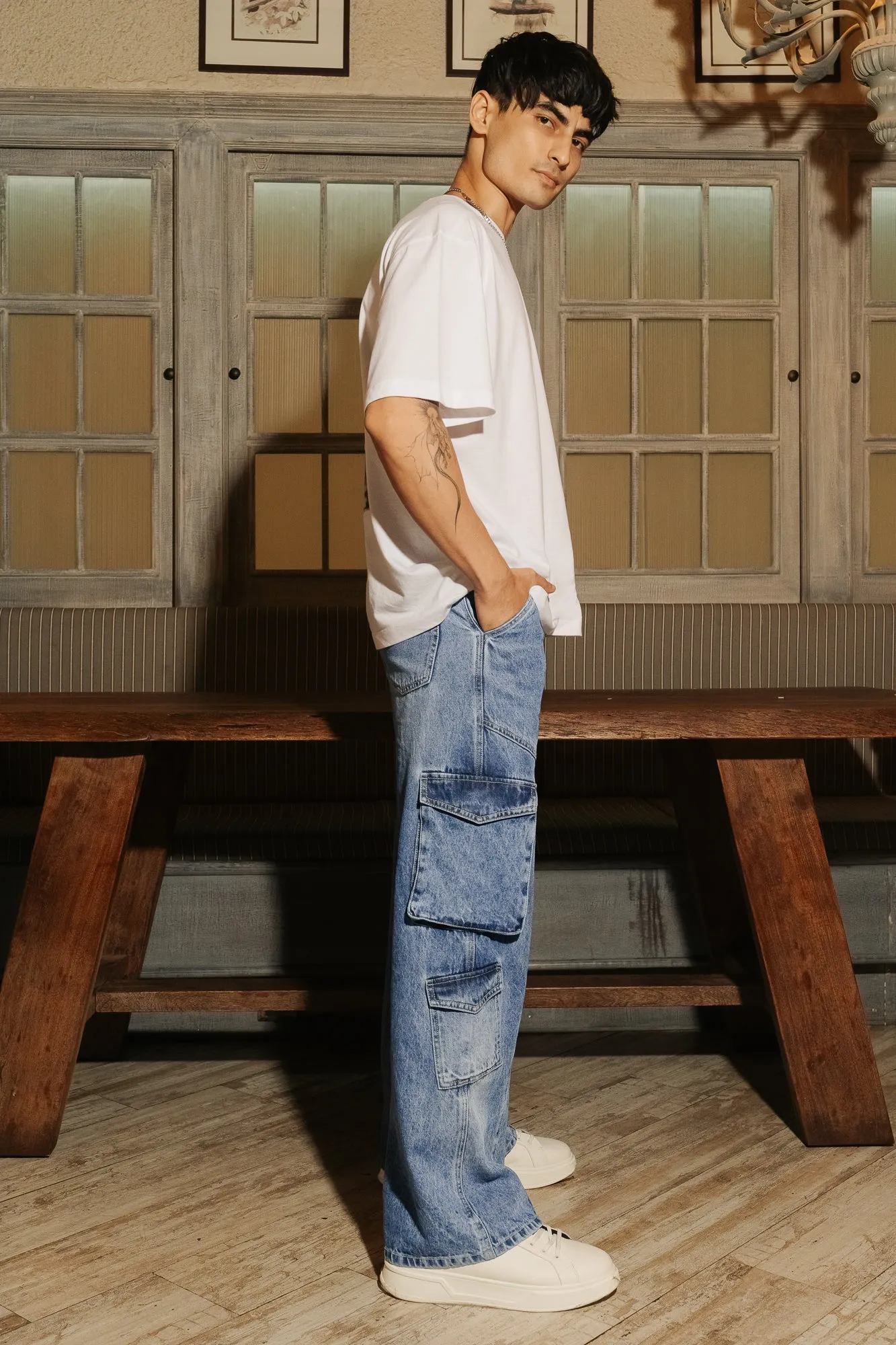 Men’s Blue Patch & Seam Cargo Jeans