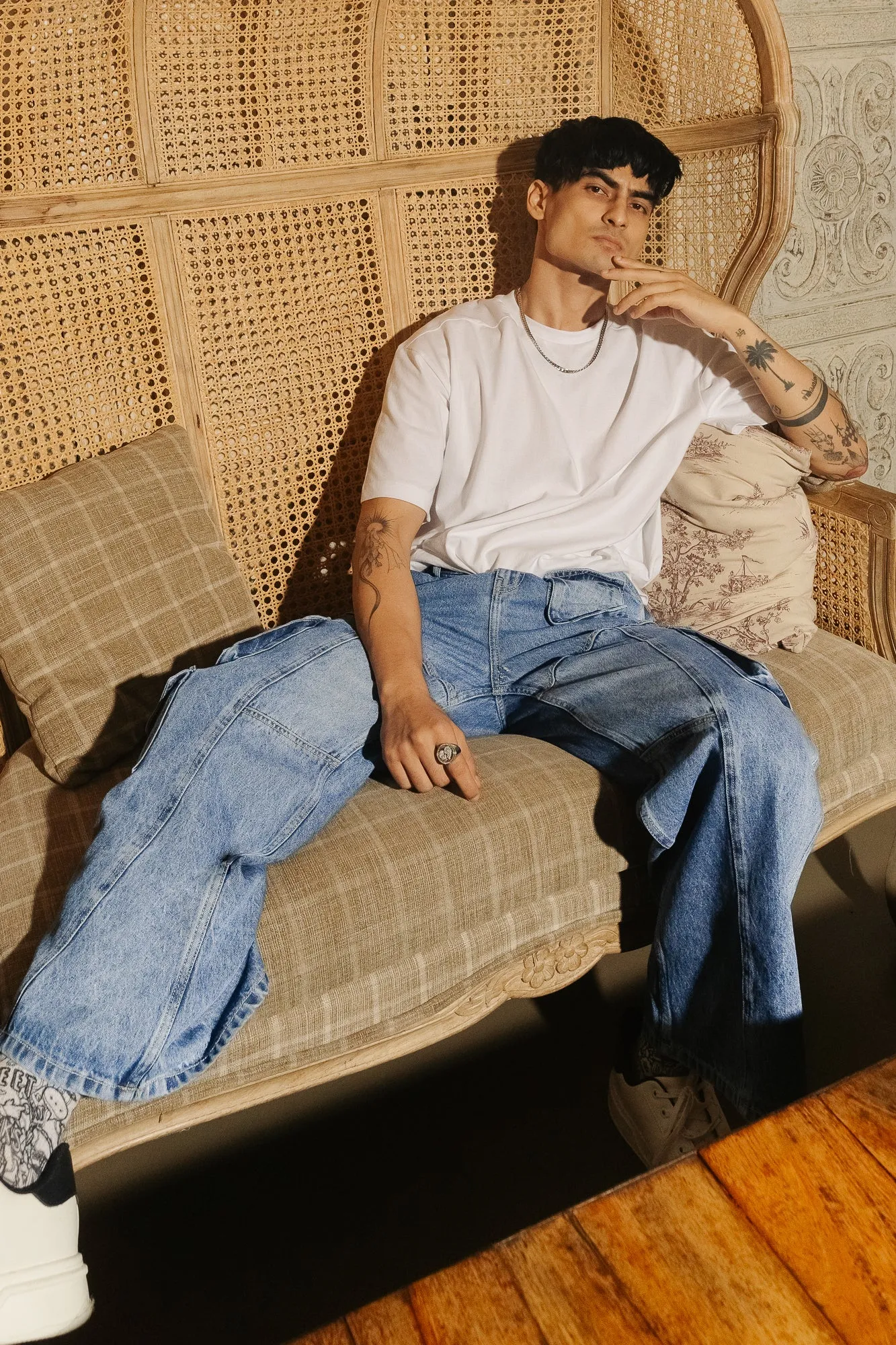 Men’s Blue Patch & Seam Cargo Jeans