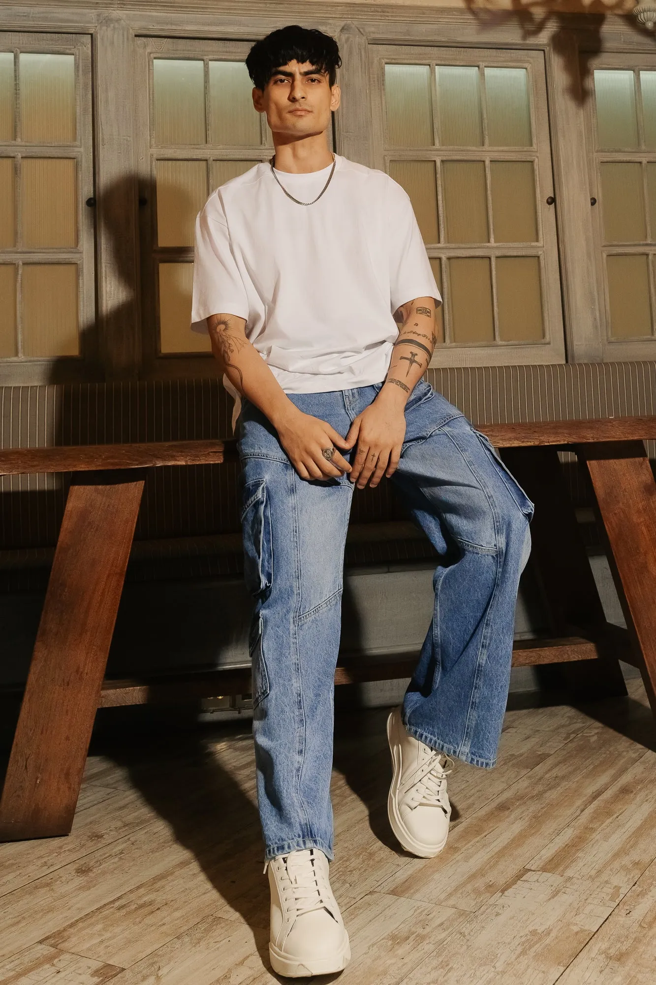Men’s Blue Patch & Seam Cargo Jeans