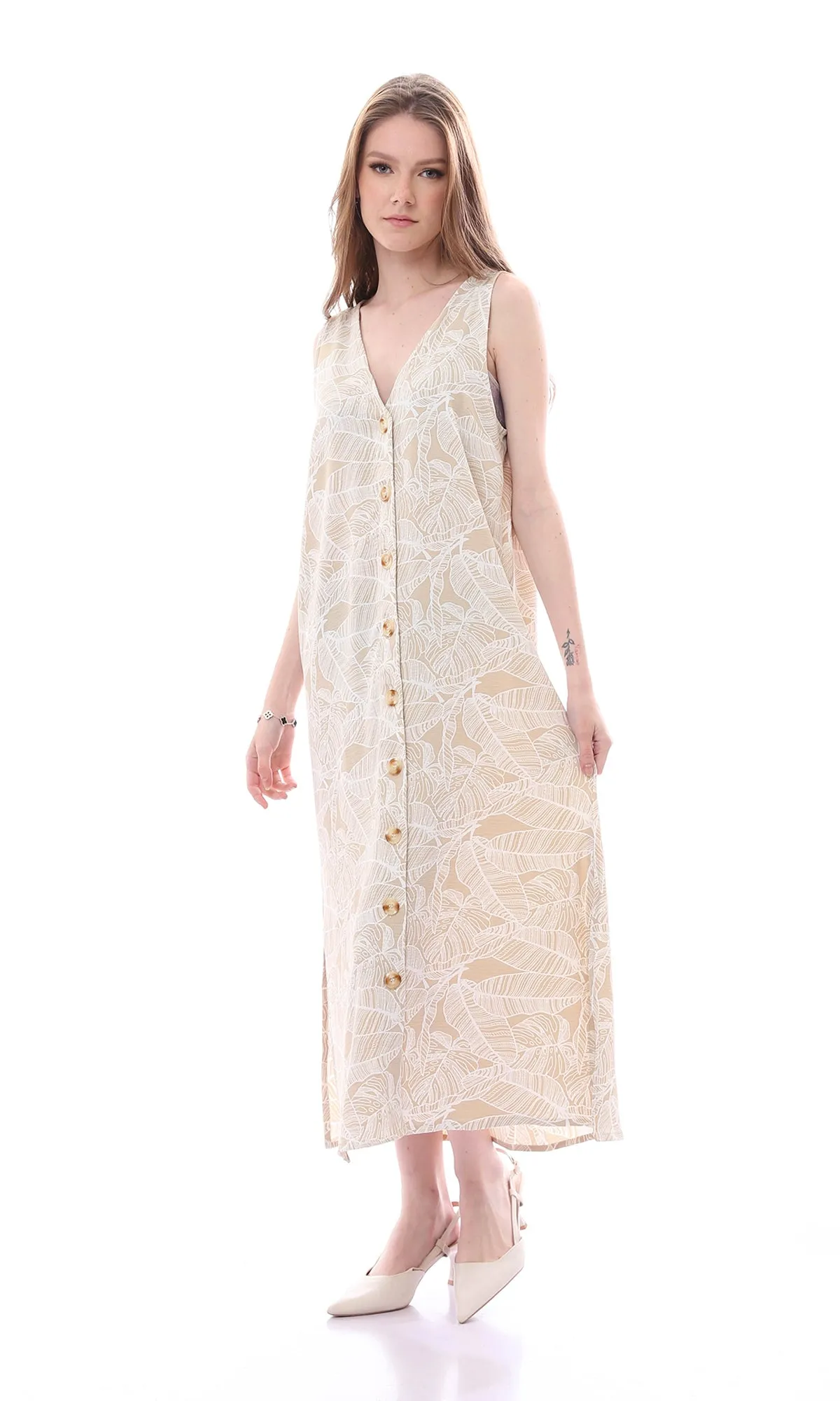 O165059 Fashionable Sleeveless Leaves Pattern Beige & Off-White Dress