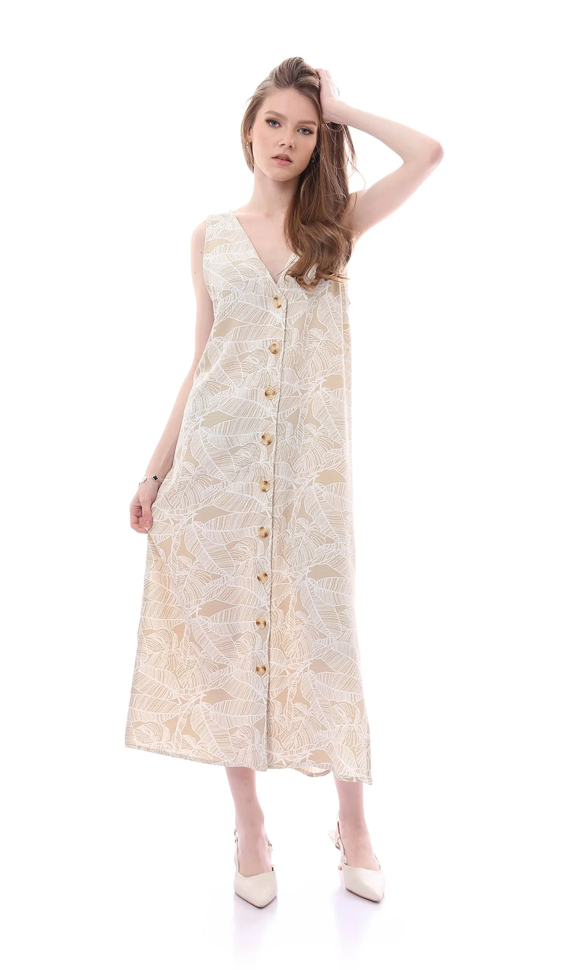 O165059 Fashionable Sleeveless Leaves Pattern Beige & Off-White Dress