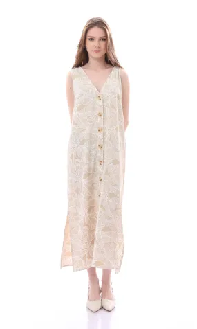 O165059 Fashionable Sleeveless Leaves Pattern Beige & Off-White Dress