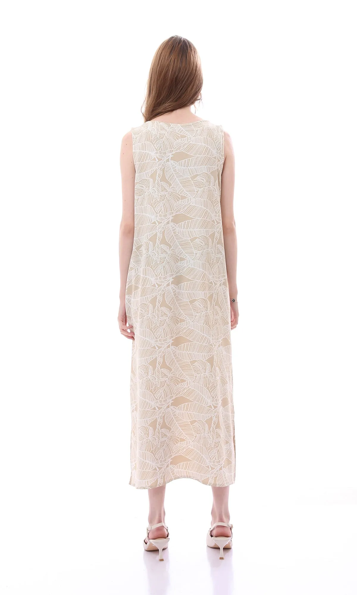 O165059 Fashionable Sleeveless Leaves Pattern Beige & Off-White Dress