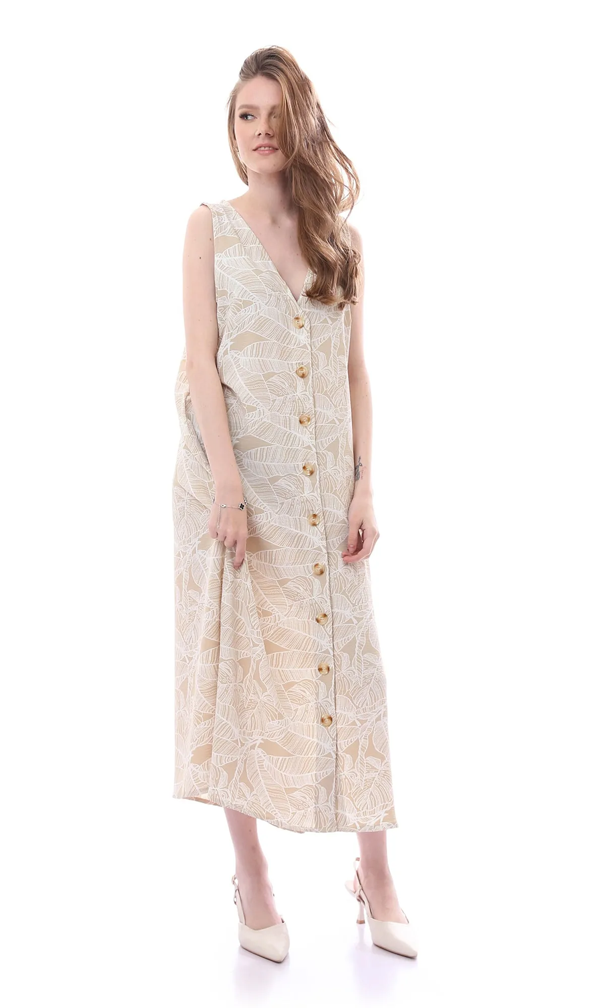O165059 Fashionable Sleeveless Leaves Pattern Beige & Off-White Dress