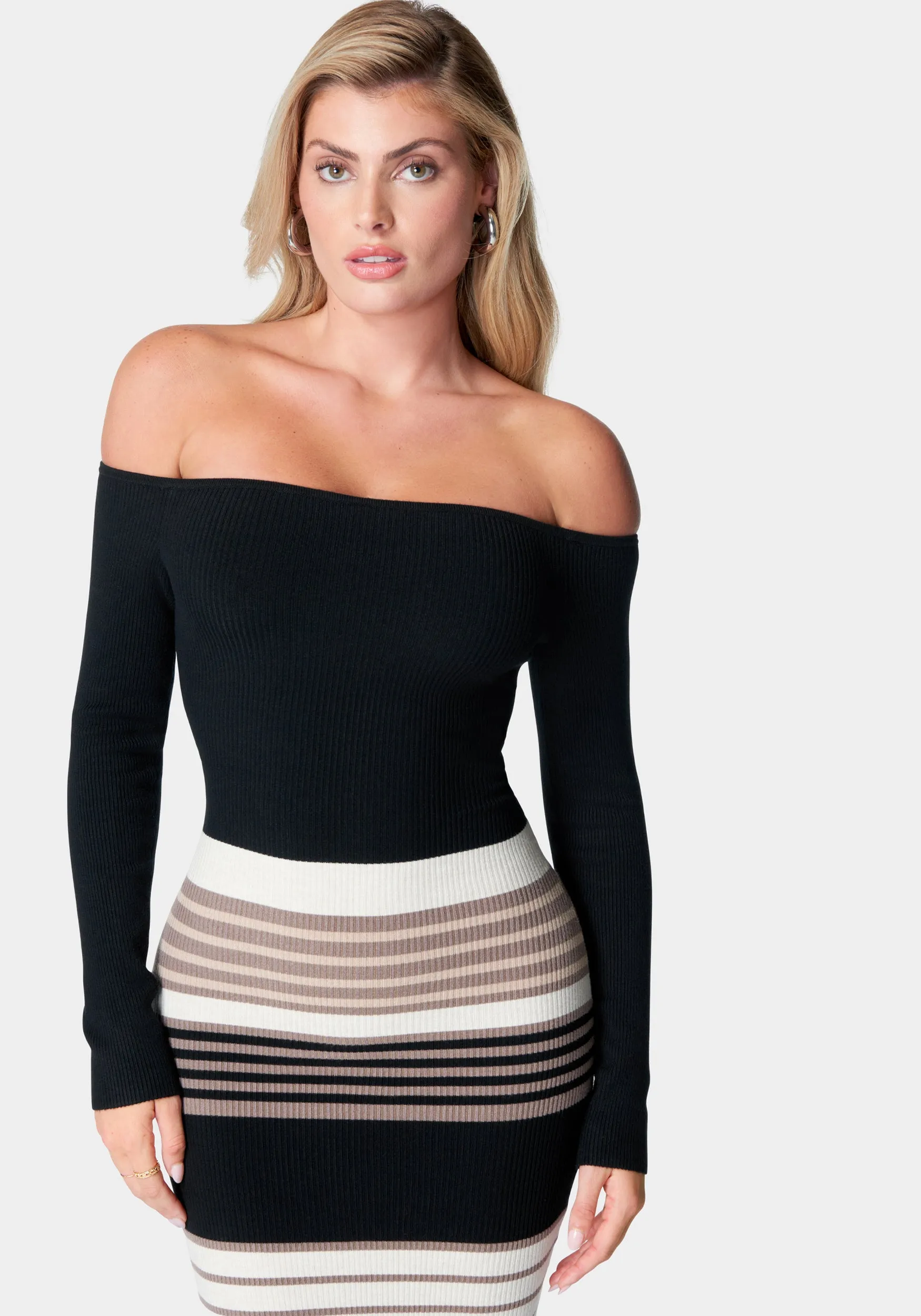Off Shoulder Stripe Midi Dress