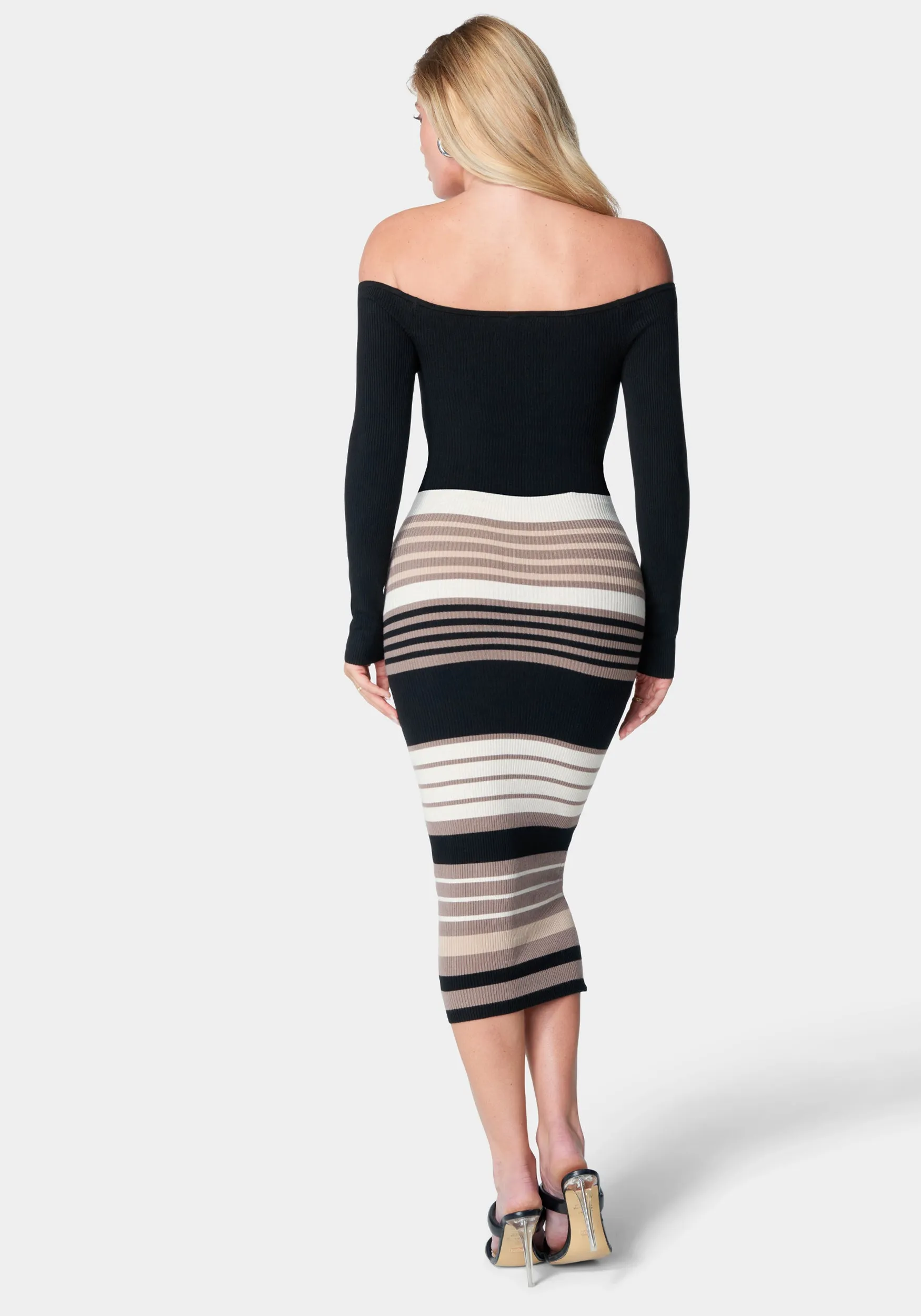 Off Shoulder Stripe Midi Dress