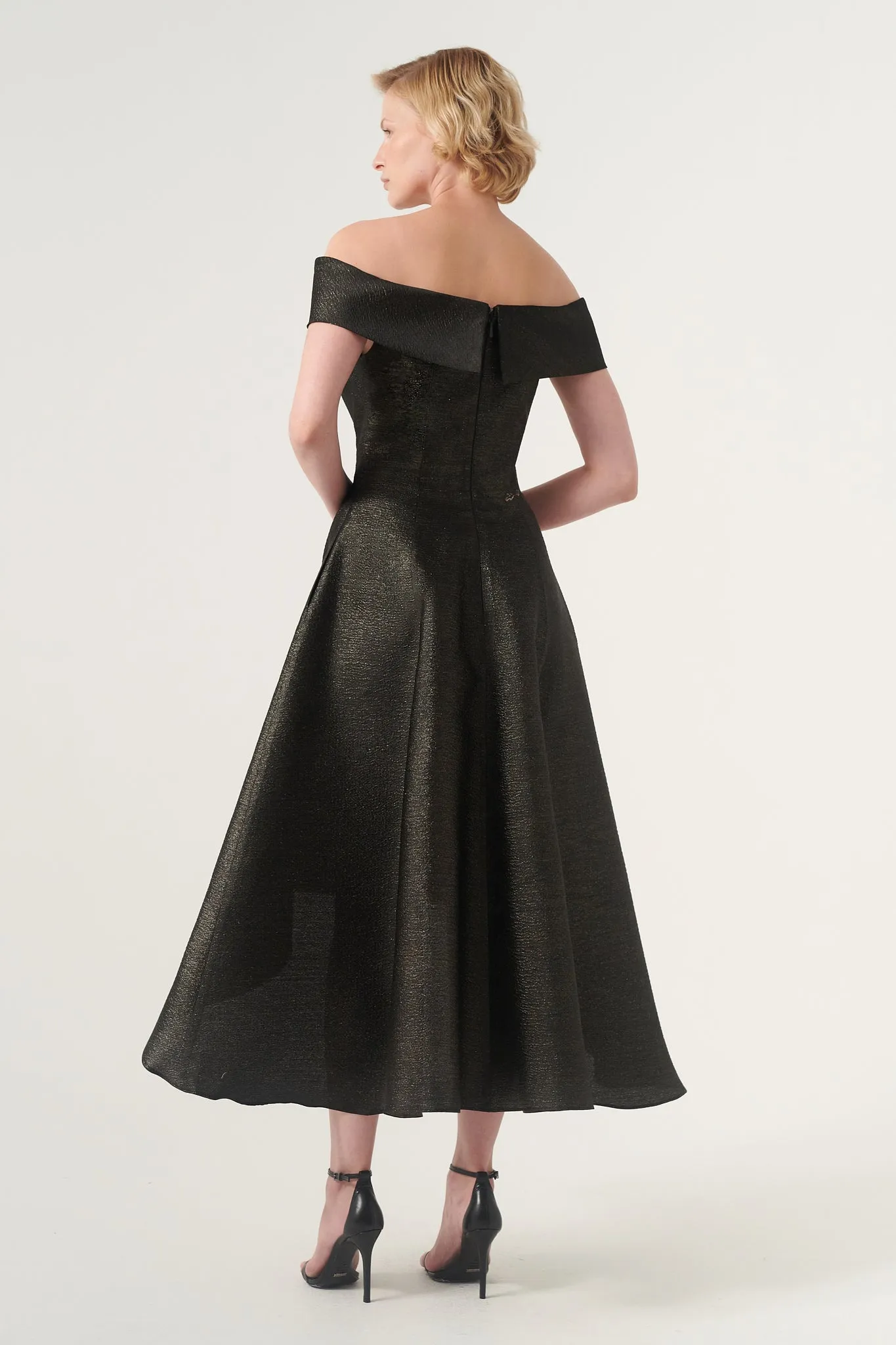Off-The-S,houlder Applique Detail High Low Brocade Dress